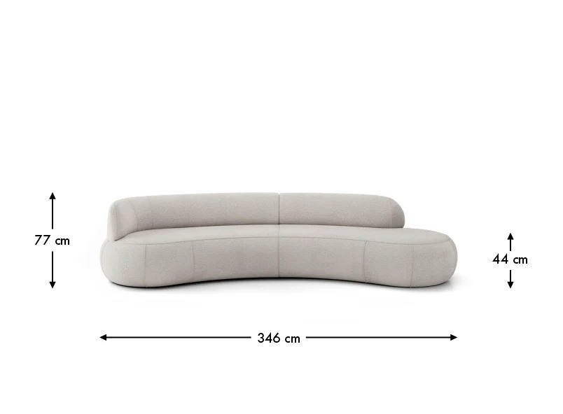 Rozmerový pohľad VIRGO SOFA A5 Ľavé so šírkou 346 cm, výškou 77 cm a výškou sedu 44 cm.