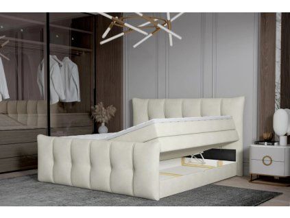 Boxspring posteľ ZENOVA - krémová čalúnená - v modernej spálni - celkový pohľad