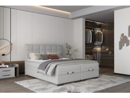 Boxspring posteľ LOFTY - svetlosivá čalúnená - v modernej spálni - celkový pohľad
