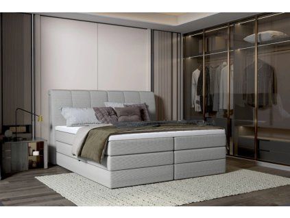 Sivá boxspring posteľ 180x200 do spálne DREAMO, v modernom interiéri spálne, celkový pohľad