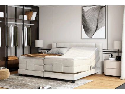 Boxspring posteľ EMBRACE - béžová čalúnená - v modernej spálni - celkový pohľad