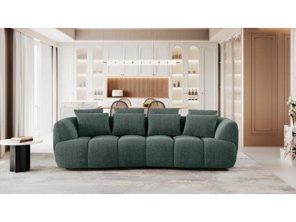 Sofa TREES SOFA v tmavozelenej látke so zaoblenými bokmi a vankúšmi v obývacej izbe, čelný pohľad