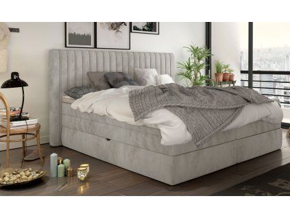 Boxspring posteľ MEDINA - sivá čalúnená - v modernej spálni - celkový pohľad