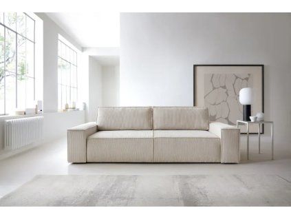 Rozkladacia pohovka FABIO SOFA v svetlom interiéri pri okne, béžové čalúnenie, pohľad v uhle spredu.