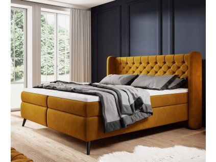 Boxspring posteľ NOLAN - horčicová čalúnená - v moderne zariadenej spálni - celkový pohľad