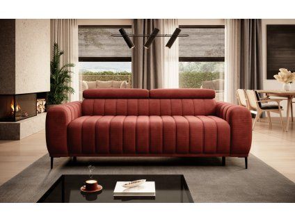 Tehlovočervená rozkladacia pohovka GUSTO SOFA v obývačke, čelný pohľad na zvislo prešívané čalúnenie.