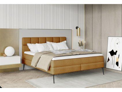 Boxspring posteľ LENDO - béžová čalúnená - v modernej spálni - celkový pohľad