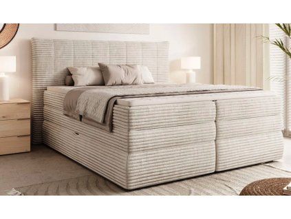 Béžová boxspring posteľ 180x200 do spálne BORA, celkový pohľad