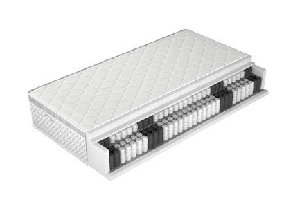 Matrac UNIQUE Silver na bielom pozadí, rez matracom s vrstvami a dvojitou taštičkovou pružinou v sivom prevedení, šikmý pohľad zhora.
