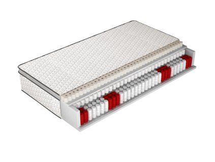 Matrac COMFORT Melody, rez matracom s vrstvami a taštičkovými pružinami v červeno-bielom prevedení.