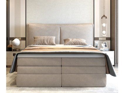Boxspring posteľ HERMES - béžová čalúnená - v modernej spálni - pohľad spredu