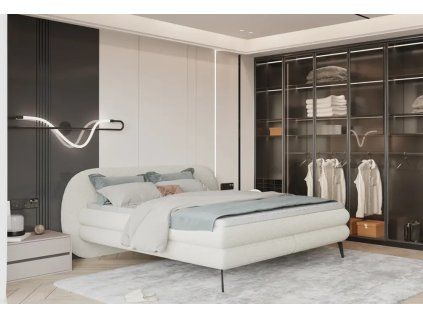 Boxspring posteľ RAIN - krémová čalúnená - v modernej spálni - celkový pohľad
