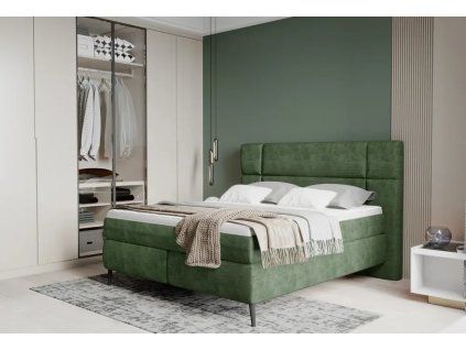 Boxspring posteľ PEAK - zelená čalúnená - v modernej spálni - celkový pohľad