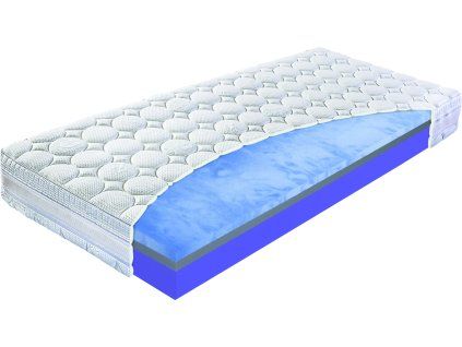 Matrac Oxygen Motion, rez matracom s modrou vrstvou a bielym prešívaným poťahom, šikmý pohľad na bielom pozadí.