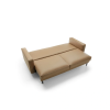 Rozkladacia pohovka LUXERA SOFA v hnedom čalúnení rozložená na rovné lôžko, pohľad šikmo zhora