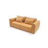 Rozkladacia pohovka ELEGANZA SOFA v karamelovo-hnedom čalúnení, šikmý pohľad spredu na zaoblené boky a operadlové vankúše na bielom pozadí.