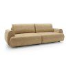 Rozkladacia pohovka VELORA SOFA priamy pohľad spredu na béžové čalúnenie a valcové bočnice, biele pozadie.
