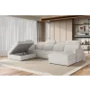 Biela sedacia súprava ALIVE XL s otvoreným úložným priestorom v jednej otomanovej časti, pohľad spredu šikmo.