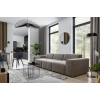 Pohovka CLOUD SOFA 3 v modernom interiéri pri oknách, dlhý minimalistický trojsed v sivohnedej farbe, pohľad z boku.