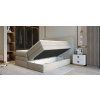 Béžová boxspring posteľ HERMES v spálni, šikmý pohľad na zdvihnutú ložnú plochu a otvorený úložný priestor.