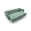 Rozkladacia pohovka FOMAX SOFA rozložená na lôžko, šikmý pohľad zhora na spánkovú plochu a vyklopené operadlo.