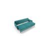 Rozkladacia pohovka DORADO SOFA v rozloženom stave, šikmý pohľad zhora na spánkovú plochu a sedáky v tyrkysovej farbe.